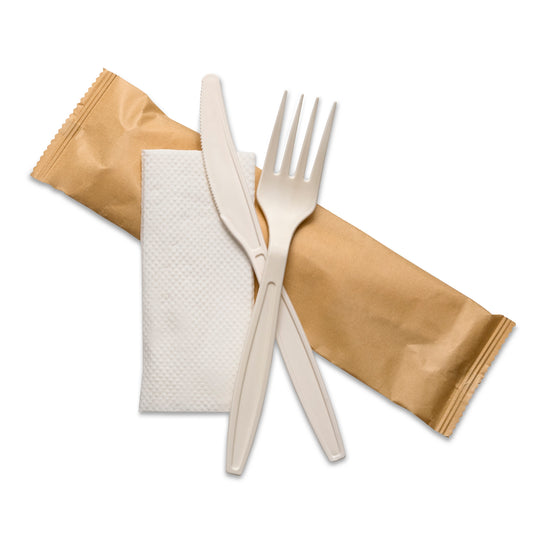 Natural Cornstarch 3in1 Fork+Knife+2Ply Napkin