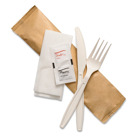 Natural Cornstarch 5in1 Fork+Knife+Salt+Pepper+2Ply Napkin