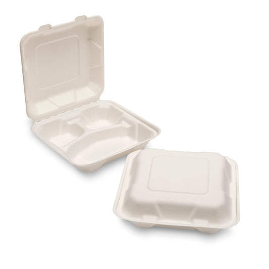 Bagasse Meal Box 3 Comp (205x205x68mm/8") White