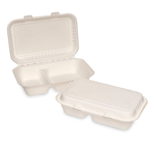 Bagasse Meal Box 2 Comp (249x162x67mm/9.8x6") White