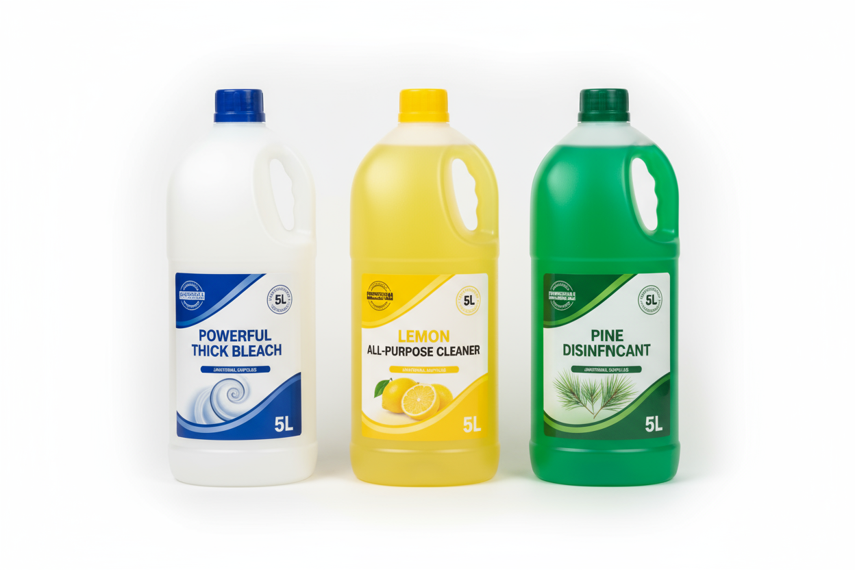 5ltr thick bleack, 5ltr lemon all purpose , 5ltr pine disinfectant 