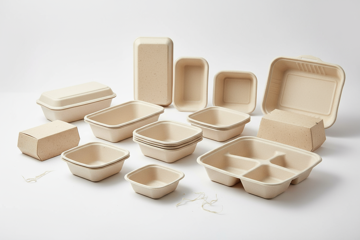 a range of bagasse takeaway packaging boxes