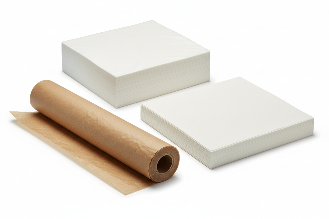 baking parchment roll, white bleached sheets and greaseproof sheets 