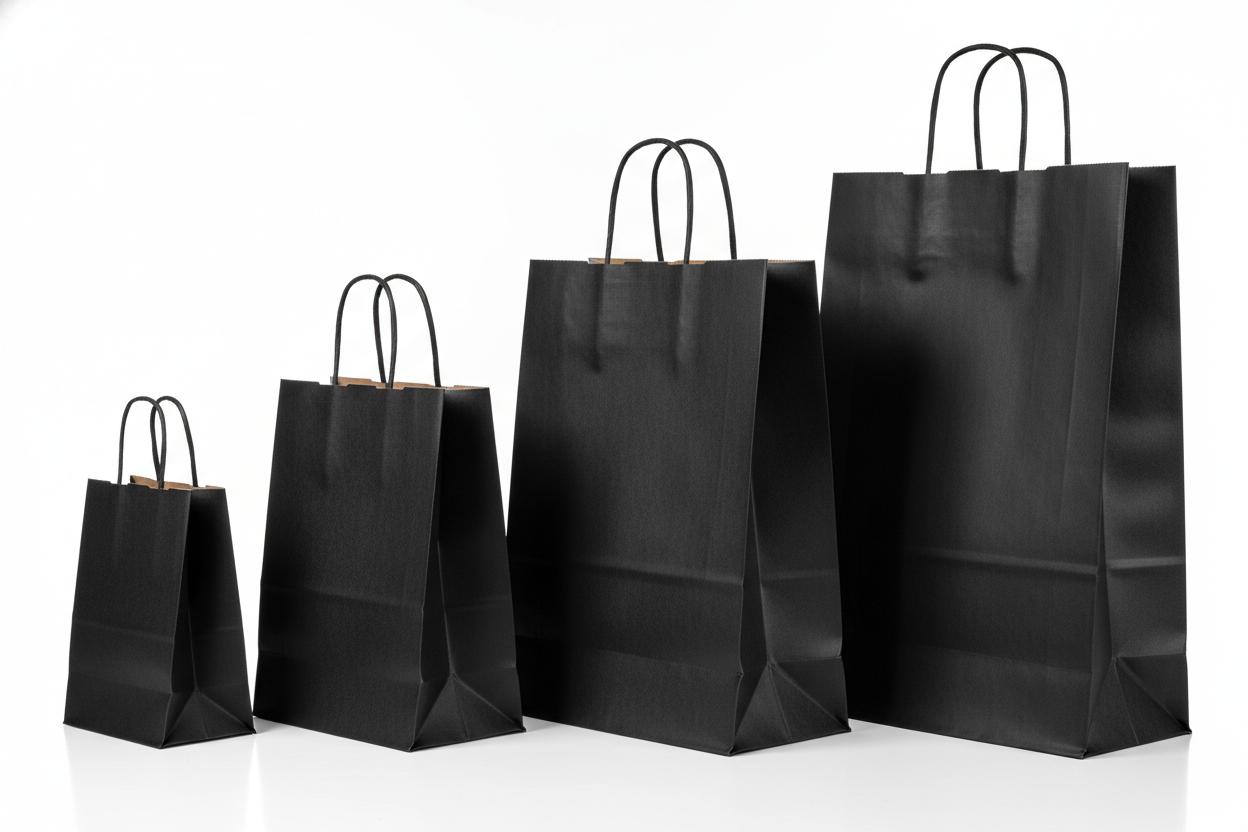 black paper twisted handle carrier bags small, medium, large and extra large 