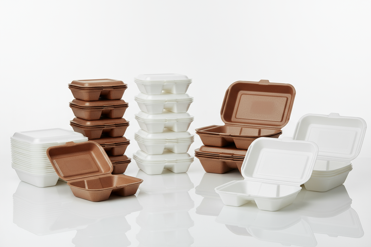 brown and white foam meal boxes