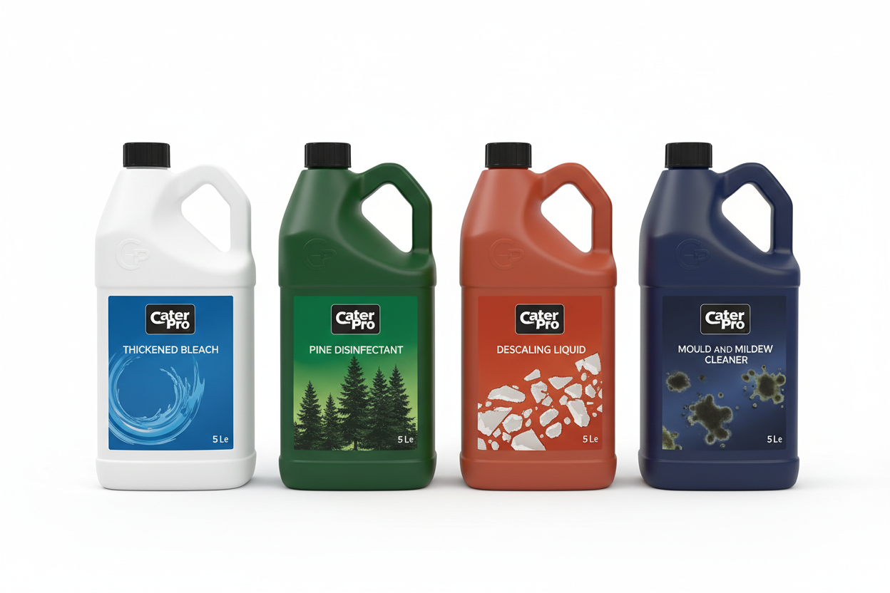 cater pro branded 5ltr thick bleach , 5ltr pine disinfectant, 5ltr descaling liquid, 5ltr mould and mildew cleaner 