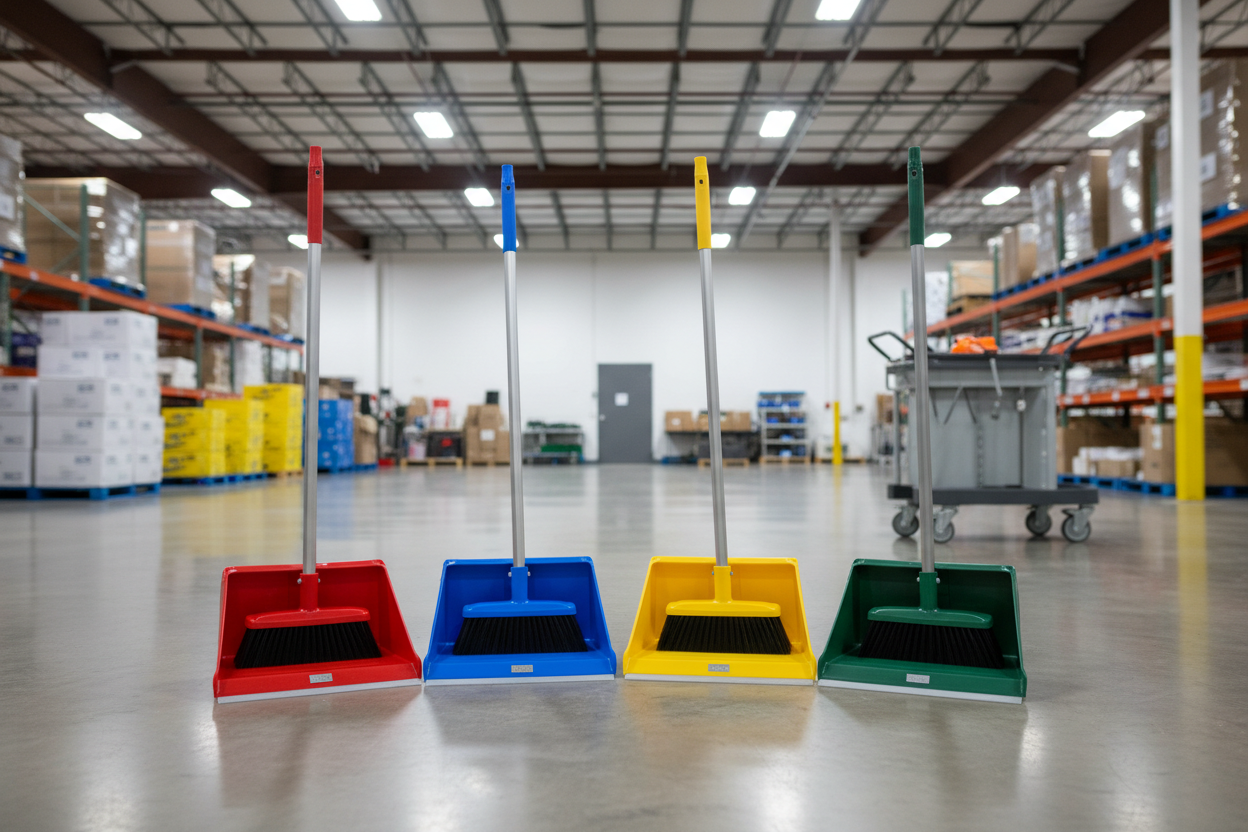 display 5 lobby dust pan and brushes each a different colour red blue yellow green and grey in a commercial environment 