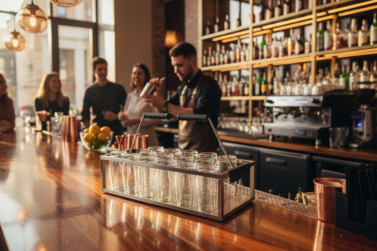 display a glass carrier in a bar environment 