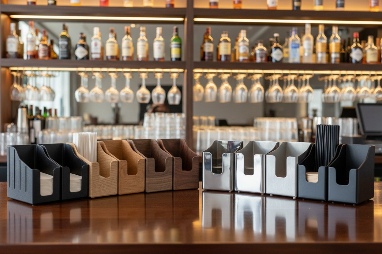 display a variety of bot black plastic, wooden, chrome and silver bar caddy's in a commercial bar environment 