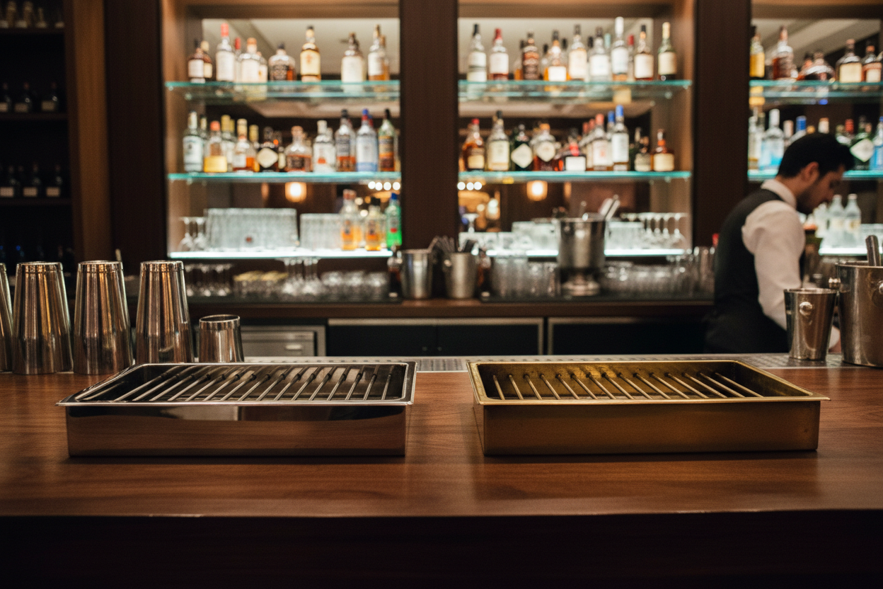 display brass and chrome bar drip trays in a bar environment 