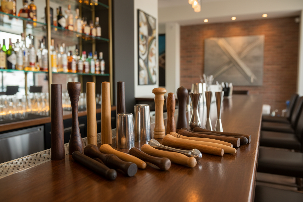 display in a cocktail bar environment various different muddlers for cocktails