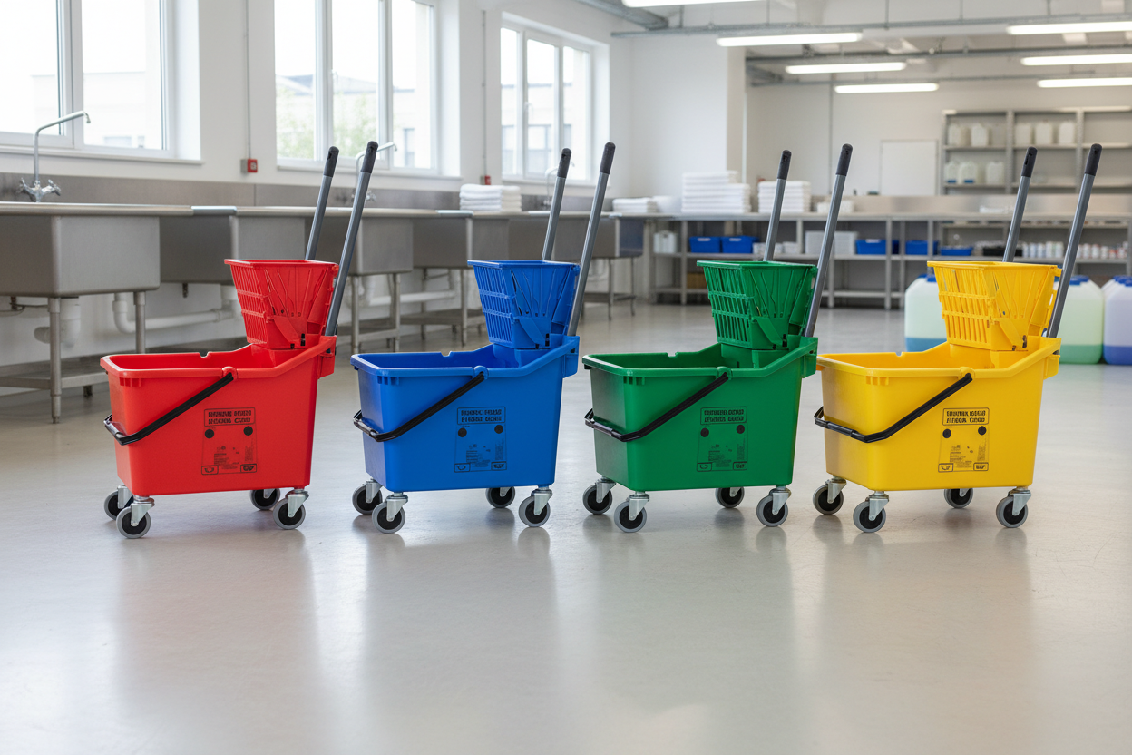 display in a commercial environment colour coded red blue green and yellow oblong Kentucky mop wringer buckets on wheels 