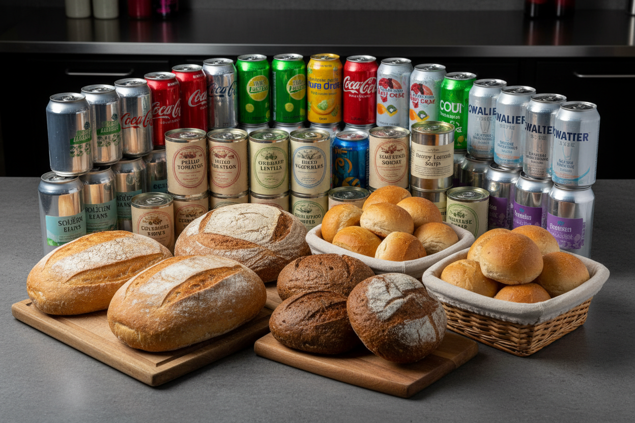 food and beverage cans of drinks tins of food bread
