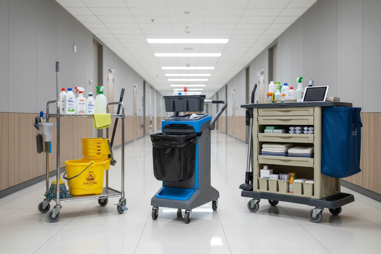 janitorial trollies show 3 different styles in a commercial environment 