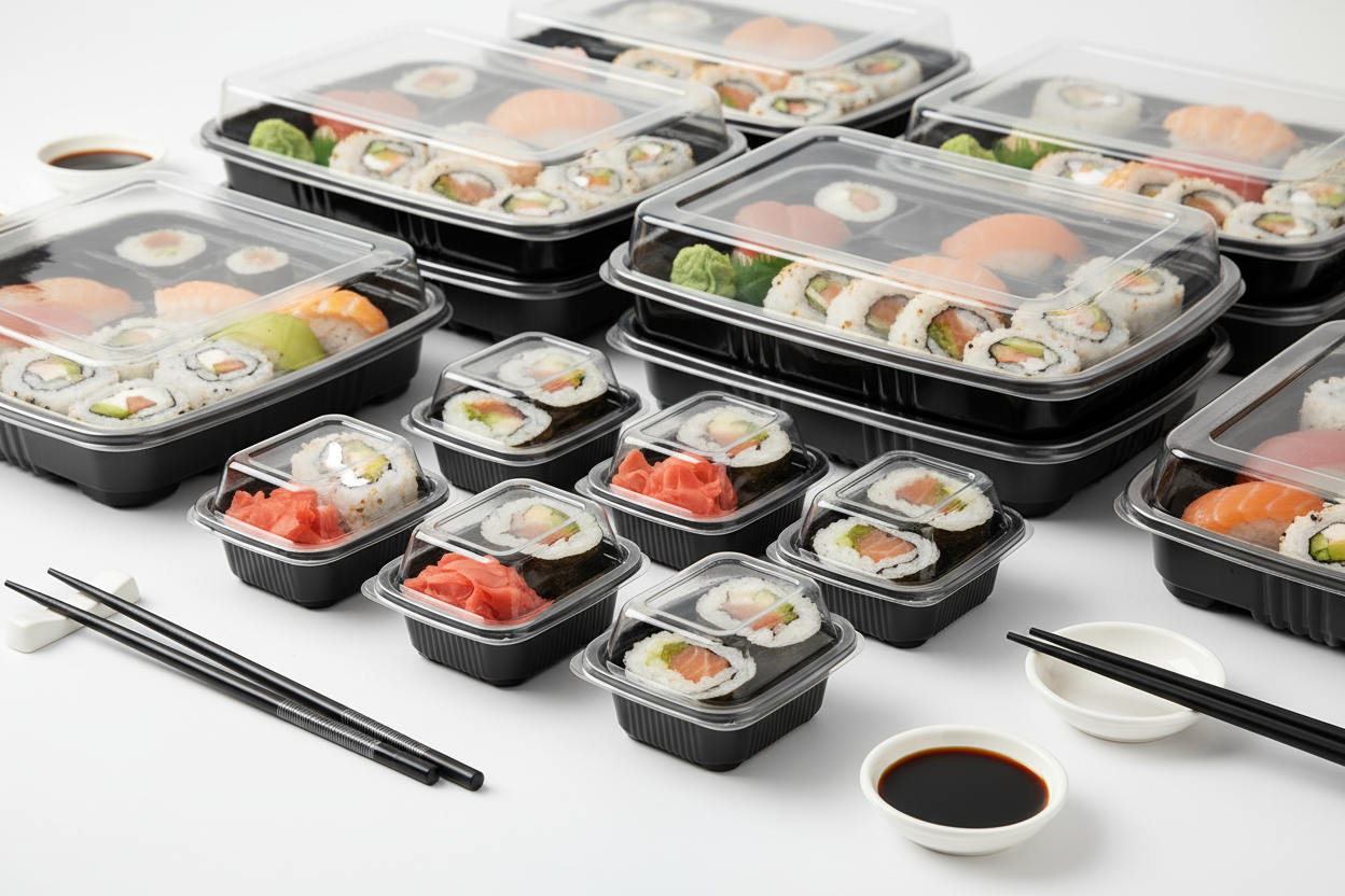 plastic black base and clear lids sushi disposable packaging