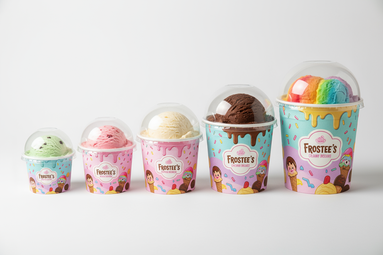 printed cardboard ice cream tubs with clear plastic domed lids 5 different sizes