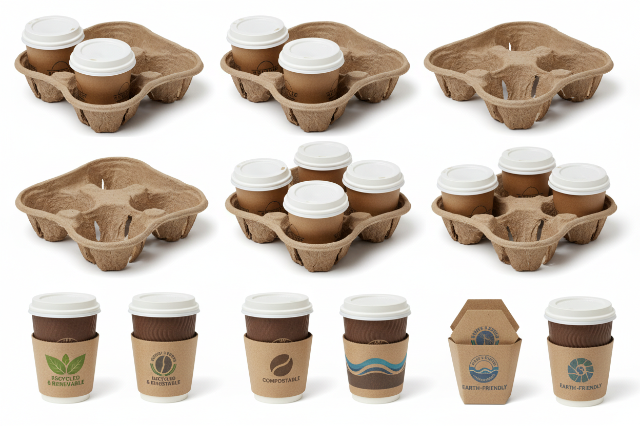 pulp 2 cup holder , pulp 4 cup holder , cardboard cup clutch show an array of designs 