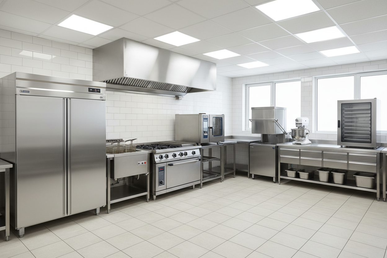 show 8 different commercial catering equipment in a commercial kitchen environment 