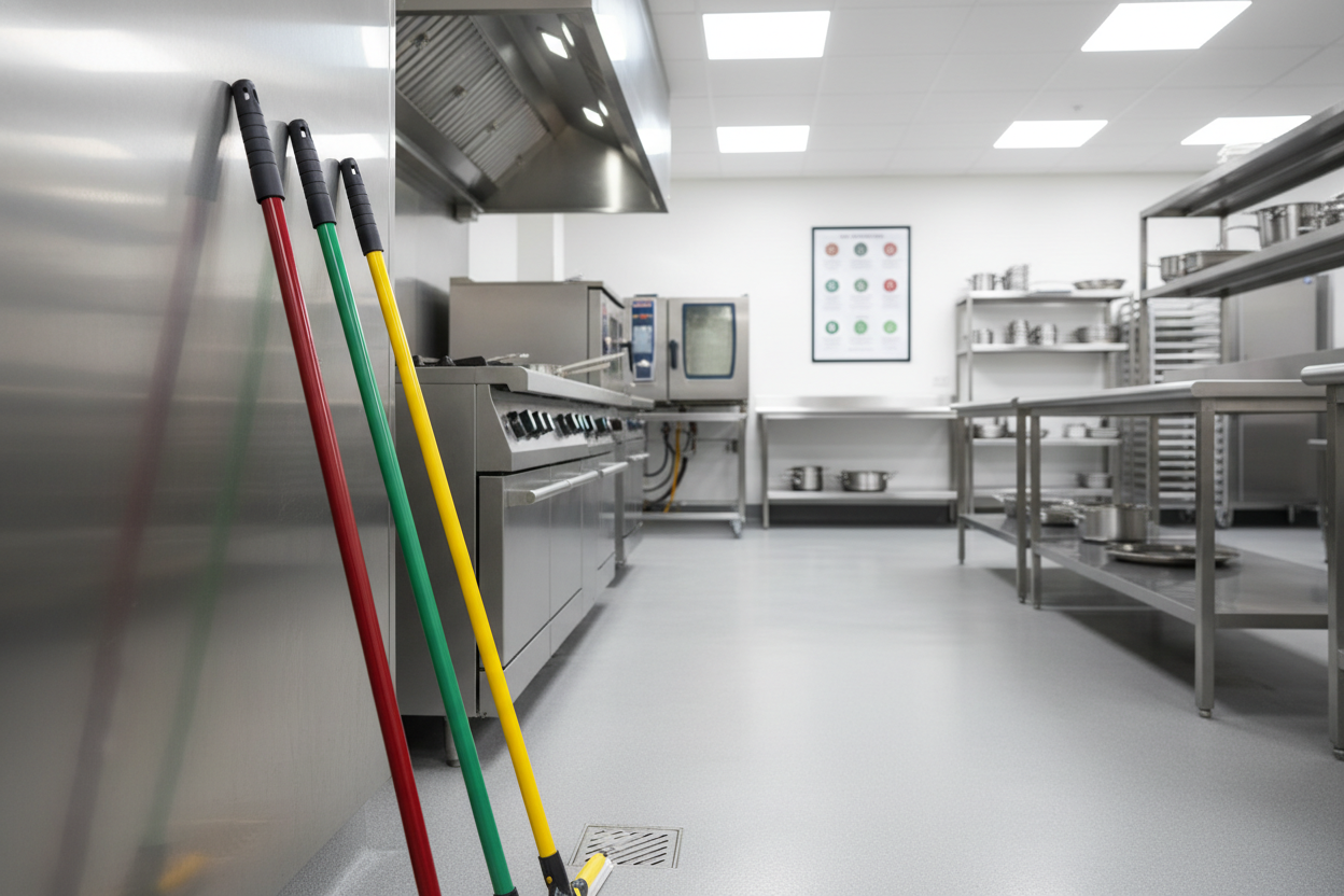 show in a commercial kitchen environment colour coded aluminium mop handles in red green blue and yellow