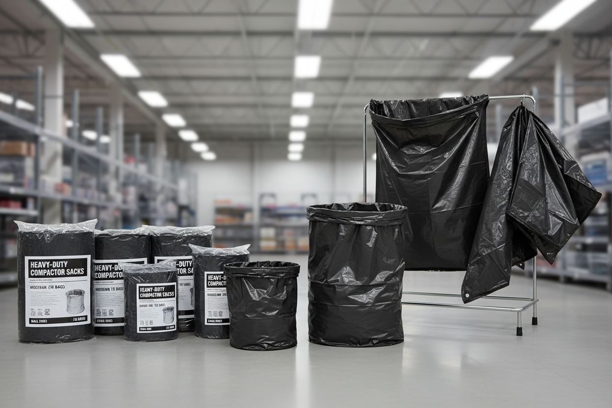 various sized black compactor sacks plastic