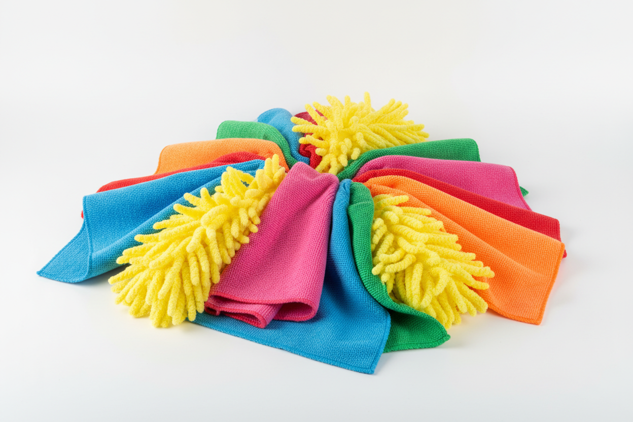 yellow dusters and multi coloured microfibre cloths